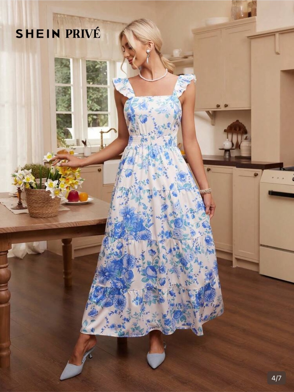 SHEIN White and Blue Floral Square-Neck Ruffle Sleeveless Maxi Dress